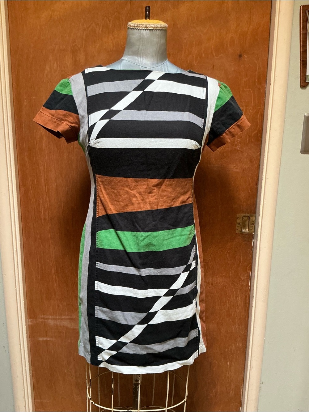 Derek Lam Black, White, Green & Brown Striped Short Sleeve Dress